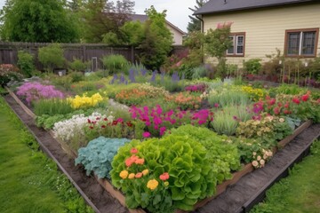 Poster - backyard with freshly planted garden in spring, including colorful annuals and perennials, created with generative ai