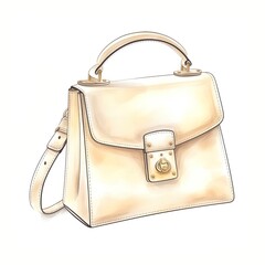 Sticker - Watercolor illustration of a female cream handbag isolated on white background. Generative AI.