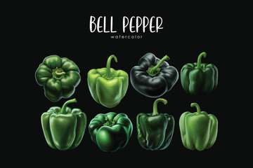 watercolor green bell pepper set in black background