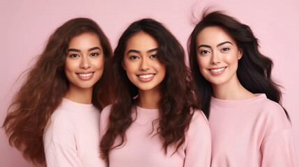 Multiracial women on a pink pastel background, cosmetic natural beauty models, diversity and inclusivity concept, healthy, generative ai