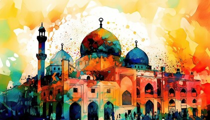 Wall Mural - water color painting Arabic Islamic Typography design Mawlid al-Nabawai al-Sharif greeting card with dome and minaret of the Prophet's Mosque. Generative Ai