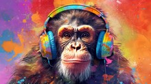 Portrait Of A Monkey With Headphones On A Colorful Abstract Background With Empty Space. Party Concept. Generative AI