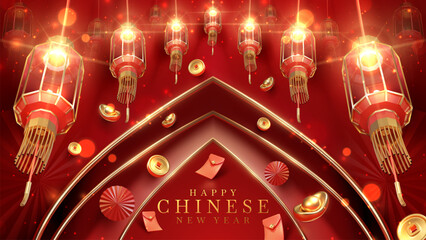 Wall Mural - 3d realistic chinese new year ornaments with light effect decorations and bokeh on red background. Vector illustration.