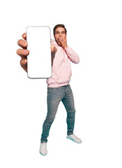 Wall Mural - mobile app advertisement. handsome excited man showing pointing at empty smartphone screen posing ov