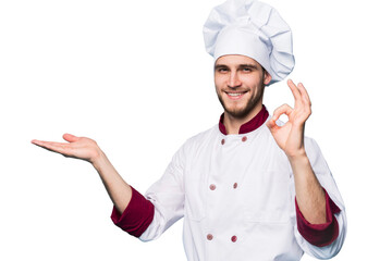 Wall Mural - Positive professional happy man chef showing tasty ok sign isolated on transparent