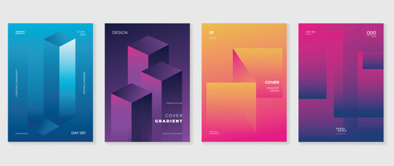 Abstract gradient background vector set. Minimalist style cover template with vibrant perspective 3d geometric prism shapes collection. Ideal design for social media, poster, cover, banner, flyer.