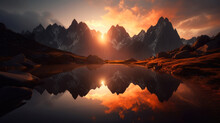 Serene Mountain Lake During Sunset, With The Sun Setting Behind The Jagged Peaks, Casting A Warm Orange Glow Over The Landscape. Generative AI