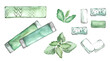 Mint chewing gum. A set of green peppermint leaves, chewing gum pads, chewing gum sticks in a package. Watercolor illustration by hand on a white background.