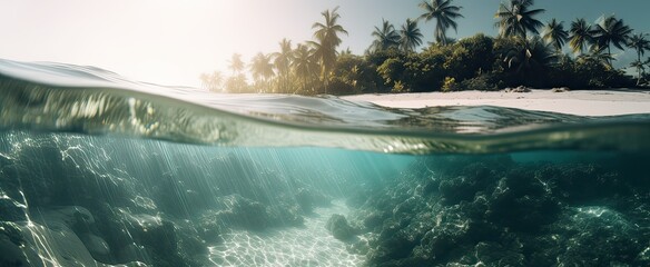 Tropical Island And Coral Reef - Split View With Waterline. Beautiful underwater view of lone small island above and below the water surface in turquoise waters of tropical ocean. Generative Ai.