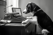 Fotografía En Blanco Y Negro De Un Perro Con Una Maquina De Escribir