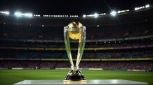 Cricket Championship Trophy, World Cup Trophy, Cricket Stadium Background Generative Ai