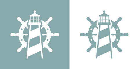 Wall Mural - Logo Nautical. Icono de torre marítima en puerto. Faro de luz con timón de barco