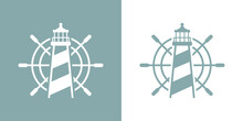 Logo Nautical. Icono De Torre Marítima En Puerto. Faro De Luz Con Timón De Barco Lineal
