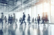 © twindesigner - Blurred background of business people and activities inside an office building. The image captures the fast-paced and busy environment of the corporate world. Ai generated
