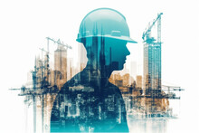 Construction Site With Workers And Cranes, Created Using A Double Exposure Technique With Blue And Orange Colors. The Artwork Conveys The Sense Of Progress And Growth. Ai Generated