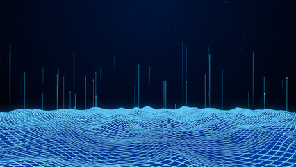 Wall Mural - blue neon grid wave background, futuristic wireframe terrain, 3d rendering abstract retro computer d