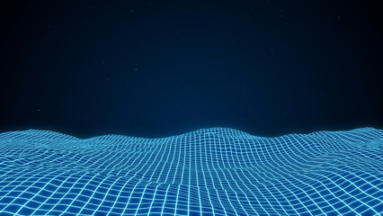 Wall Mural - blue neon grid wave background, futuristic wireframe terrain, 3d rendering abstract retro computer d