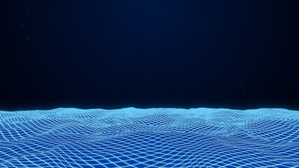 Wall Mural - blue neon grid wave background, futuristic wireframe terrain, 3d rendering abstract retro computer d