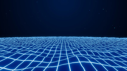Wall Mural - blue neon grid wave background, futuristic wireframe terrain, 3d rendering abstract retro computer d