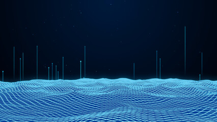 Wall Mural - blue neon grid wave background, futuristic wireframe terrain, 3d rendering abstract retro computer d