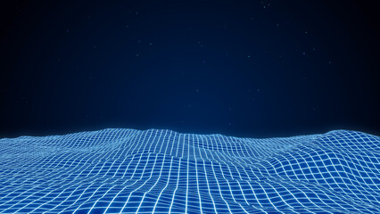 Wall Mural - blue neon grid wave background, futuristic wireframe terrain, 3d rendering abstract retro computer d