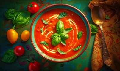 Sticker - Bowl of tomato soup with basil leaves on top of it and tomatoes around it. Generative AI.