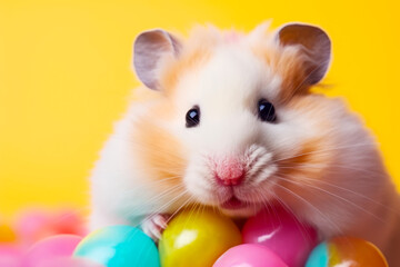 Sticker - Hamster is sitting in pile of eggs and looking at the camera. Generative AI.