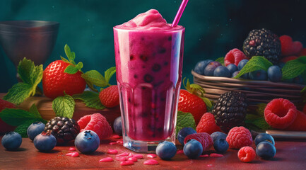 Poster - Glass filled with pink drink surrounded by berries and raspberries. Generative AI.