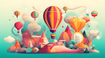 Poster - Colorful image of hot air balloon flying over landscape of mountains and trees. Generative AI.