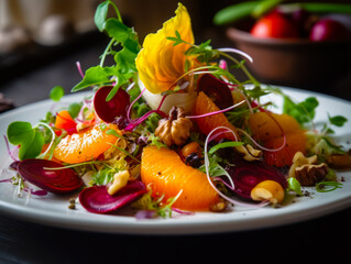 Sticker - Close up of plate of food with fruits and vegetables on it. Generative AI.