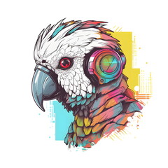 Poster - Colorful parrot with headphones on it's head and white background. Generative AI.