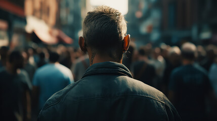 Sticker - Man with pair of sunglasses on his head in crowd of people. Generative AI.