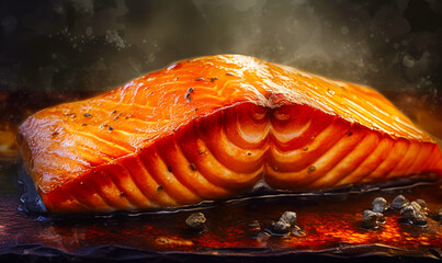 Poster - Large piece of salmon sitting on top of pan covered in sauce. Generative AI.