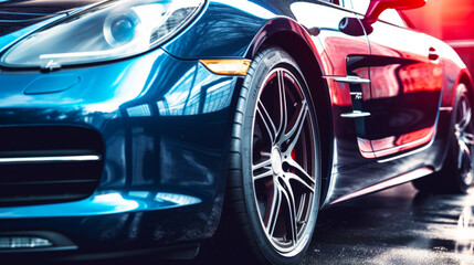 Canvas Print - Close up of blue sports car on street with other cars in the background. Generative AI.