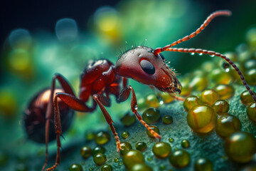 Sticker - Close up of red ant bug on green plant with drops of water. Generative AI.