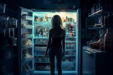 Wall Mural - Woman standing in front of an open fridge, looking for a midnight snack. The artwork highlights the temptation of convenience and the struggle with hunger and self-control. Ai generated