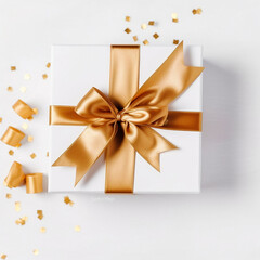 white gift box with gold ribbons on the table. High quality Generative AI