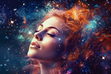 Fototapeta  - Beautiful woman's head with her eyes closed and her hair transformed into vibrant stars and galaxies, creating a dreamy and ethereal scene. Ai generated