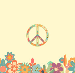 Pacific sign – is peace symbol, peace sign, drawn in groovy hippie retro style with flowers.  Vector illustration