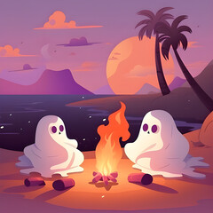 couple cute halloween ghost campfire on the beach , generative ai