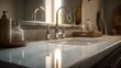 © vlntn - Illustration of modern clean bathroom counter top made of stone, sink and water tap. Luxury interior design. Indoor background with copy space. AI generative image.
