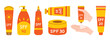 Sunscreen set. Collection of lotions with SPF. Skin protection from sun. Bottles, tubes with sunblock, hands with cream. Summer cosmetic in red and yellow colors. Set of sunscreen skin care products.