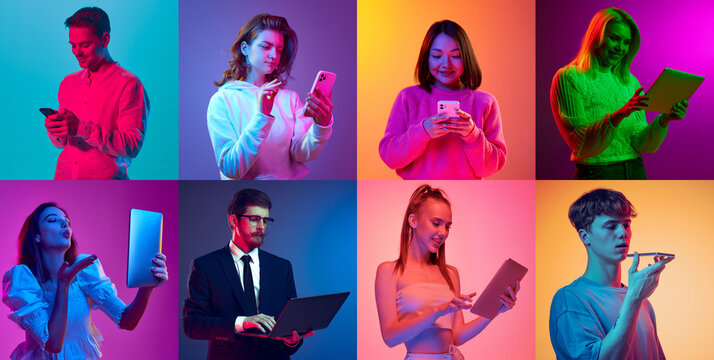 Collage. Portraits of different young people using various gadgets for work and communication over multicolored background in neon lights. Concept of human emotions, lifestyle, facial expression. Ad