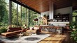 © Kazia - modern and luxurious open plan living room interior with kitchen and dining, views of forest and mountain, forest retreat vibe, AI rendered