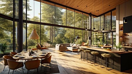 modern and luxurious open plan living room interior with kitchen and dining, views of forest and mountain, forest retreat vibe, AI rendered