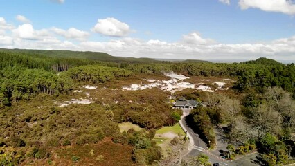 Poster - Wai O Tapu park in Rotorua, aerial view, going down from the sky