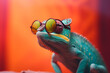 Funny chameleon wearing sunglasses in studio with a colorful and bright background. Generative AI