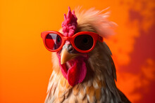 Funny Chicken Wearing Sunglasses In Studio With A Colorful And Bright Background. Generative AI