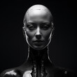 © JoelMasson - Black and white photorealistic studio portrait of a humanoid cyborg robot on black background. Generative AI illustration