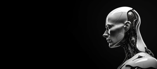 black and white photorealistic studio portrait of a humanoid cyborg robot on black background. gener